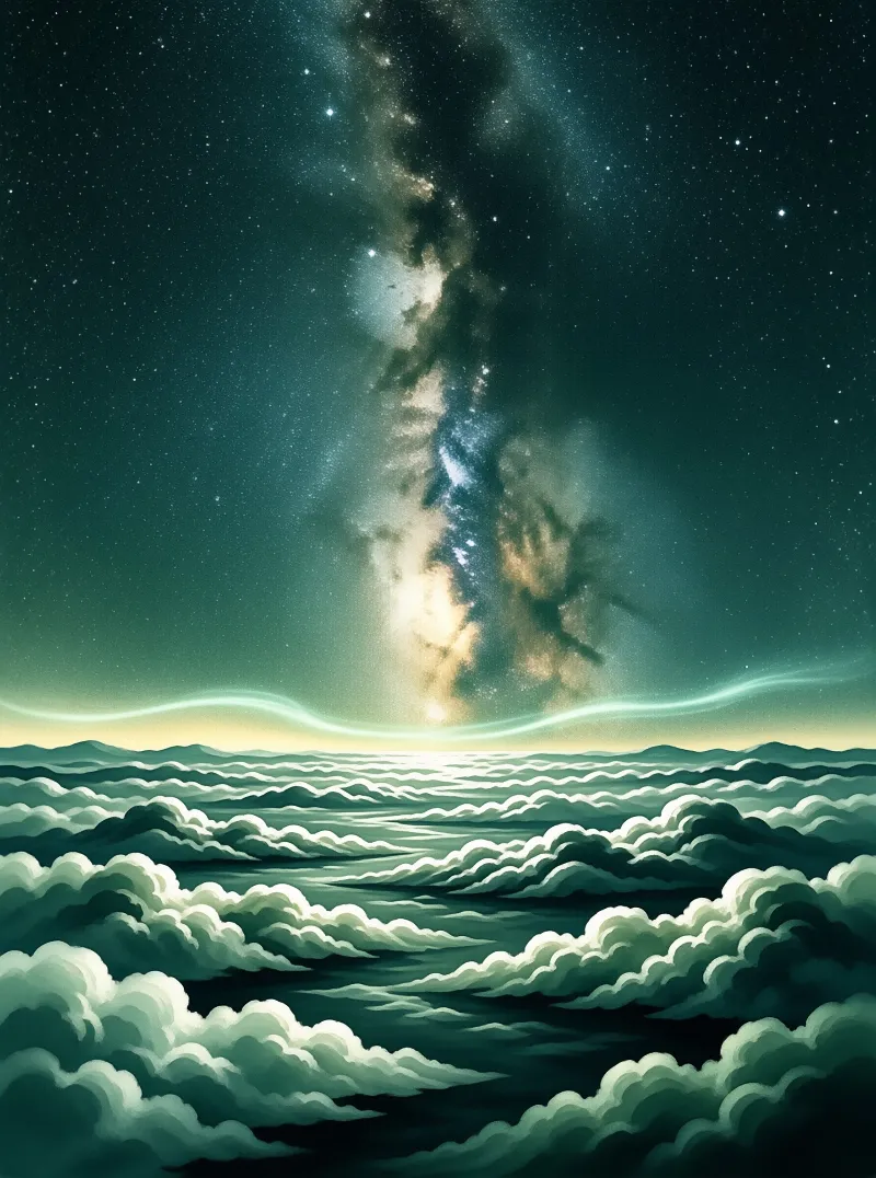 A surreal digital artwork shows an endless ocean of clouds beneath the Milky Way galaxy separated by a luminous green horizon line.
