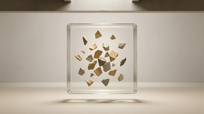 A clear square box holds scattered metallic shards against a soft beige background with gentle lighting.