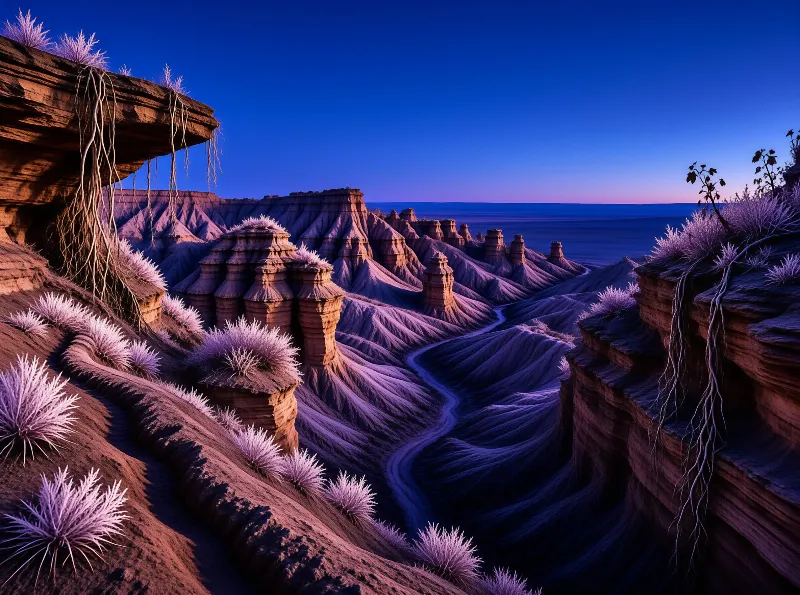 A high-angle view captures a rugged alien valley with tall layered rock pillars casting long shadows across a winding path.
