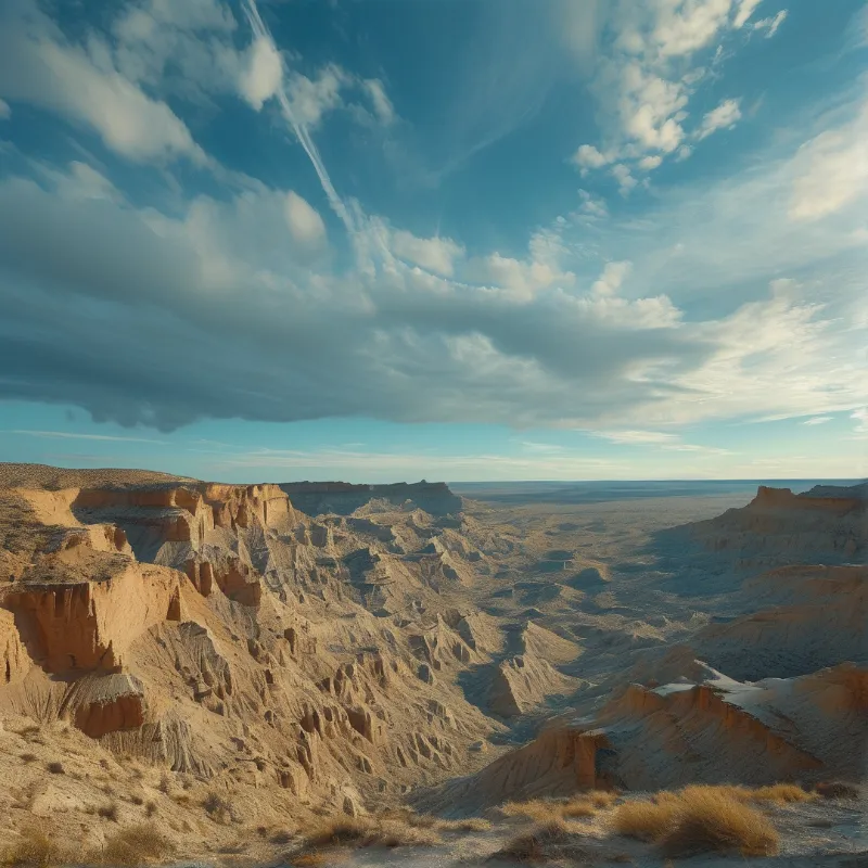 Vast dry canyon of ochre eroded rock stretches across desert below a sky of scattered layered clouds.