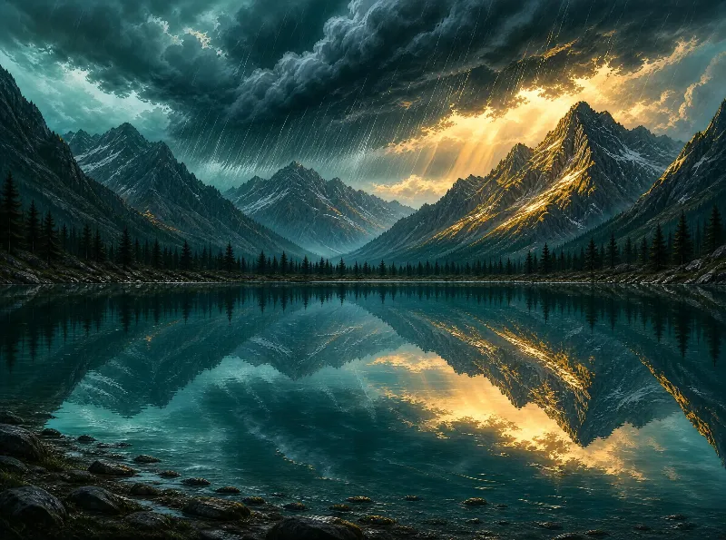 A serene lake surrounded by rugged mountain peaks, with sunlight breaking through storm clouds and rain falling over the scene.