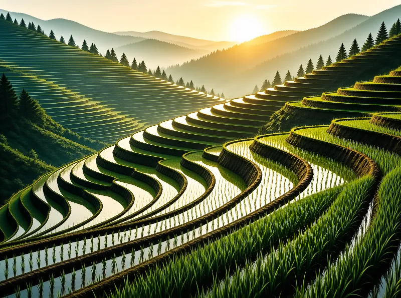 Curved green agricultural terraces fill the valley floor while mist drifts between forested mountains under a rising sun.