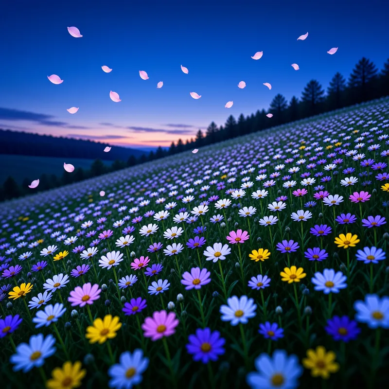 A colorful field of daisies slopes upward under a deep blue twilight sky while pink petals float gently through the air.