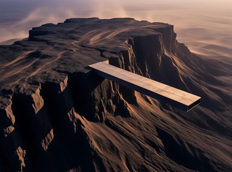 A long flat concrete beam projects outwards from the edge of a massive dark rock formation under warm lighting.