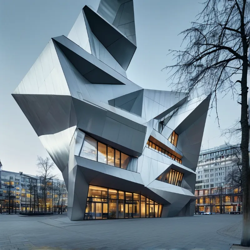 Sharp crystalline planes of a silver clad building catch twilight while warm light spills from its glass base.