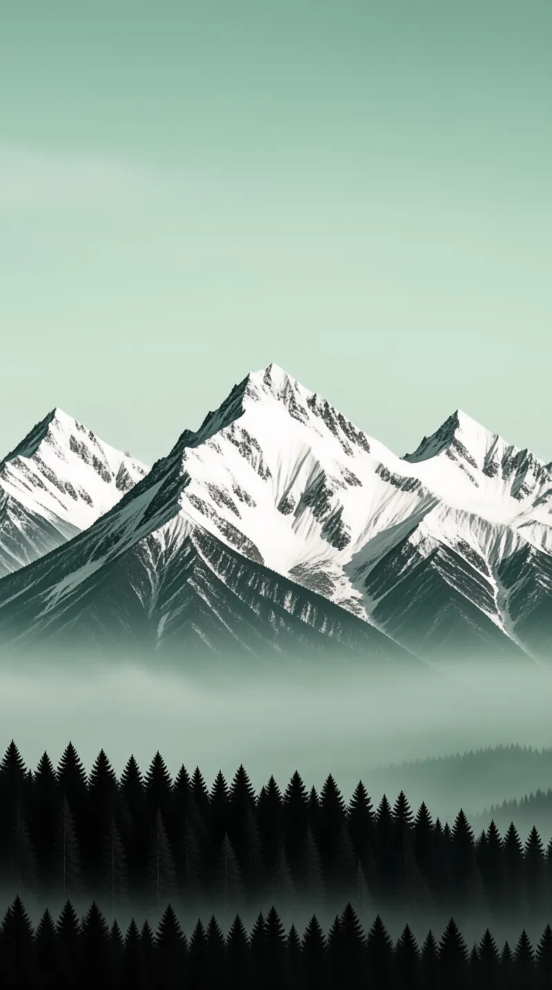 Dark pine silhouettes sit below fog obscuring a rugged snow-capped mountain range under a pale green sky.