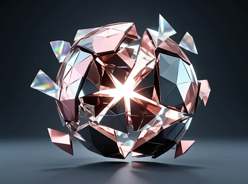 A rose gold sphere of polygon facets shatters outward around a bright white core on a dark gradient backdrop.