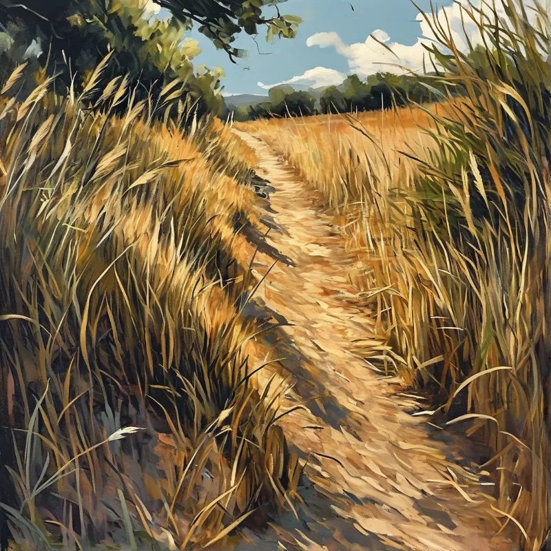A rustic dirt track winds through a harvest wheat field under a partly cloudy blue sky with dappled light.