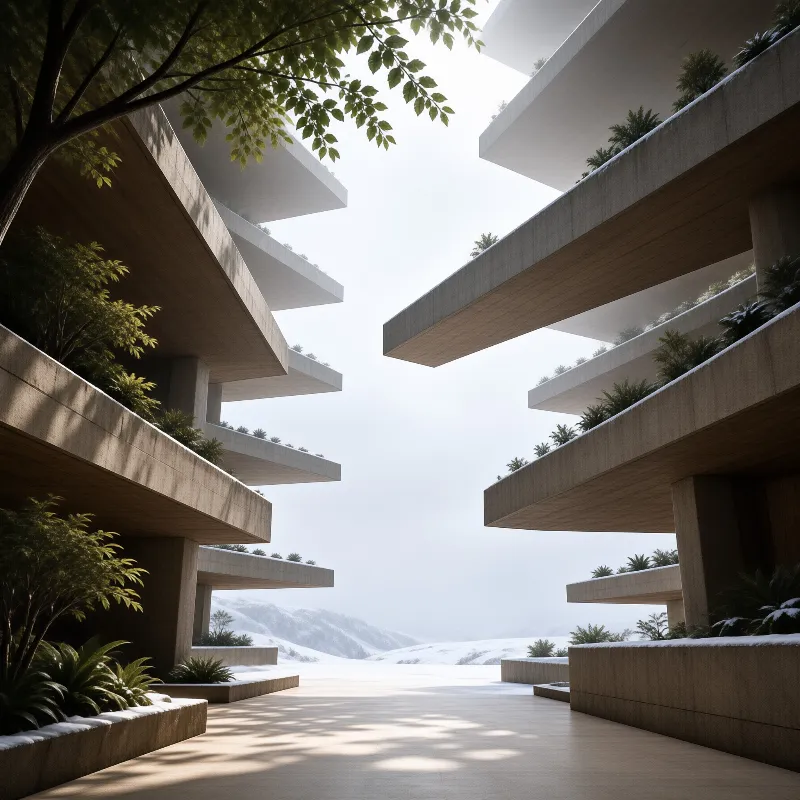 Layered modern architecture with greenery lines a walkway leading toward a bright snowy landscape under soft natural light.
