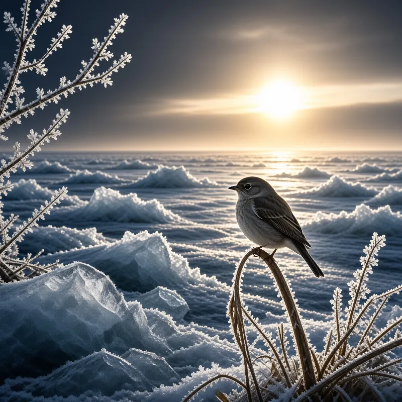 A small bird rests on a thin frozen stalk above a vast field of jagged ice chunks under a warm setting sun.