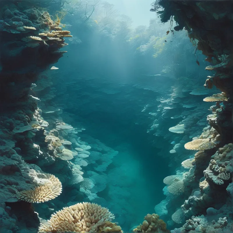 A deep underwater cave featuring rocky walls covered in coral formations bathed in blue sunlight.