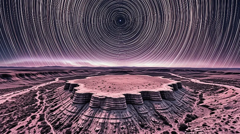 A massive spiral of star trails arches over an eroded desert butte in a wide purple landscape under a dark sky.