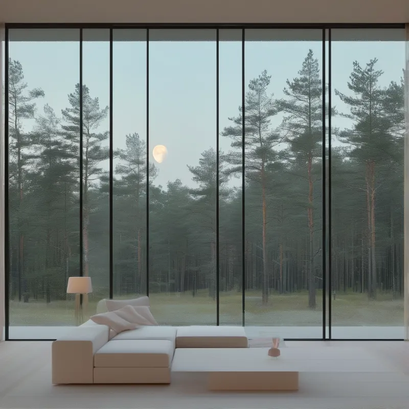A minimalist lounge with a low cream sofa and lamp looks through full-height glazing at tall pines and a pale moon at dusk.