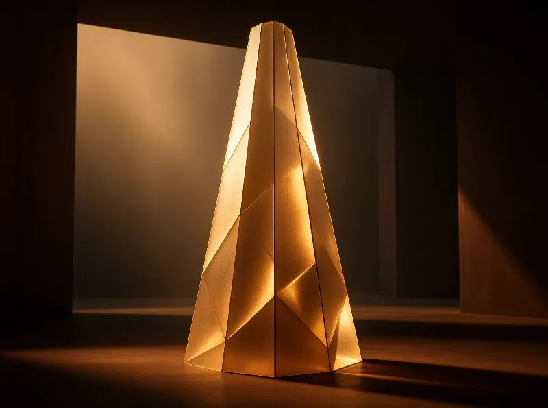 A faceted golden tower stands tall in a dimly lit interior space with strong directional light.
