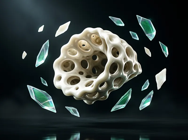 A beige porous orb with many holes floats in the dark near scattered green crystals with sharp highlights.