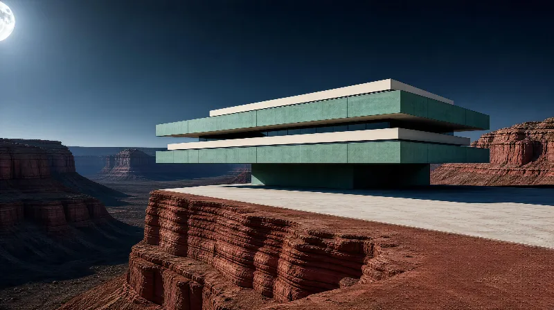 A modern concrete building with green and white horizontal layers sits on a flat platform at the edge of a red rock canyon under bright sunlight
