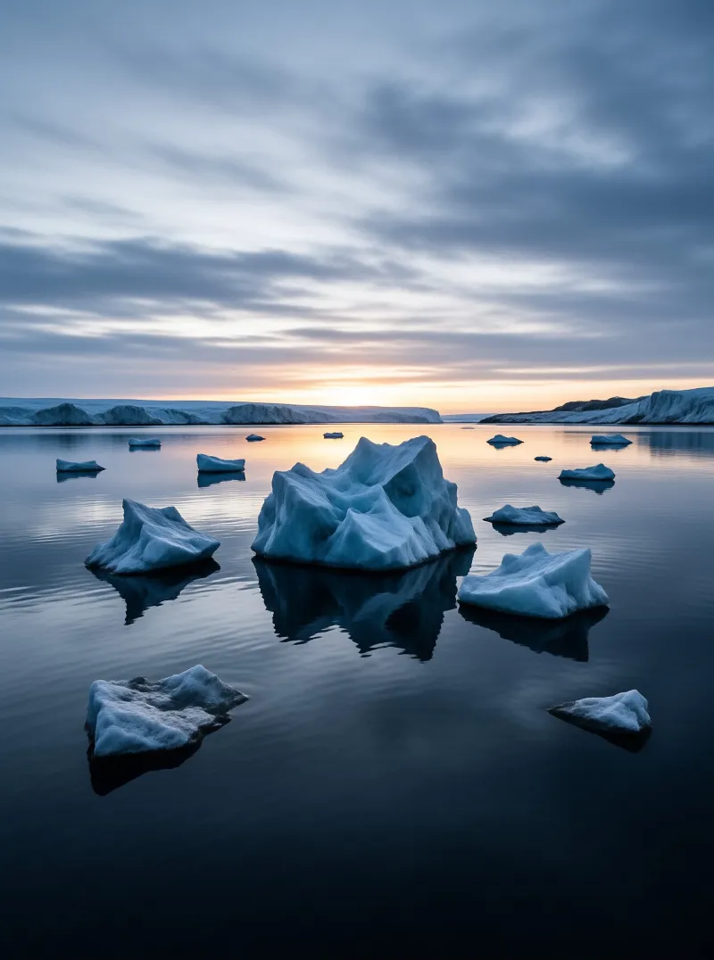 Pale blue icebergs float on calm glacial water, warm sunrise light glows at the horizon behind snow capped cliffs.