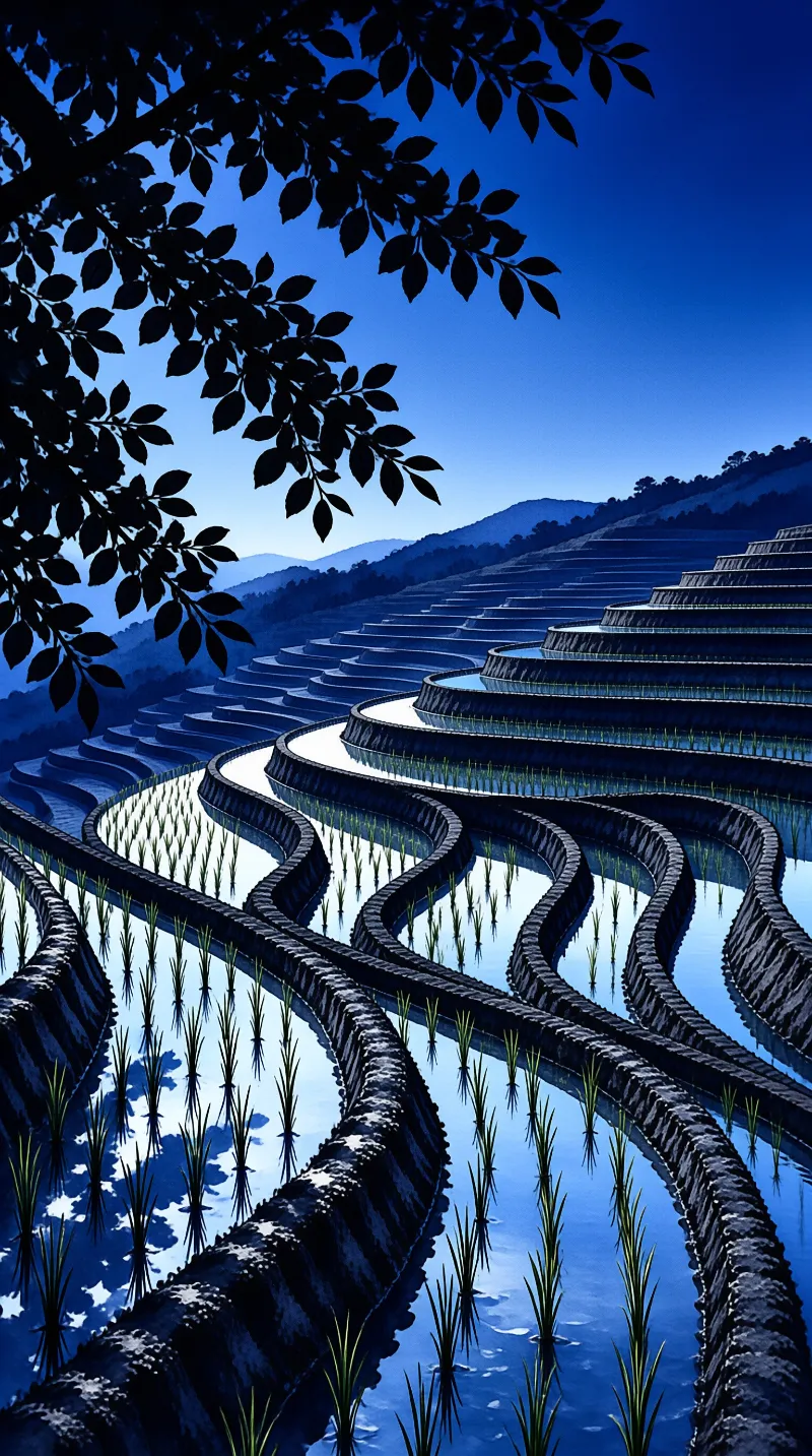 Curving rice paddies with water and green shoots rise in layers beneath dark branches against a deep blue sky.