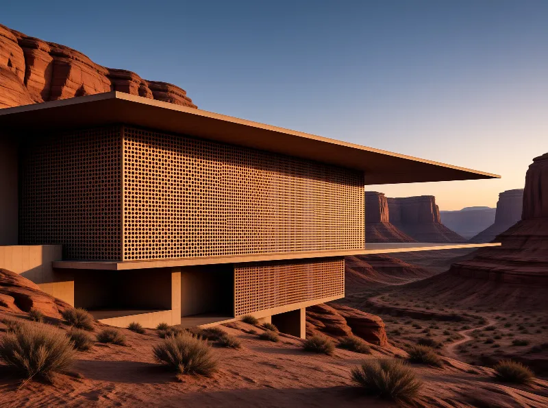 A perforated cantilevered house sits on desert canyon cliffs bathed in warm golden hour sunset light.