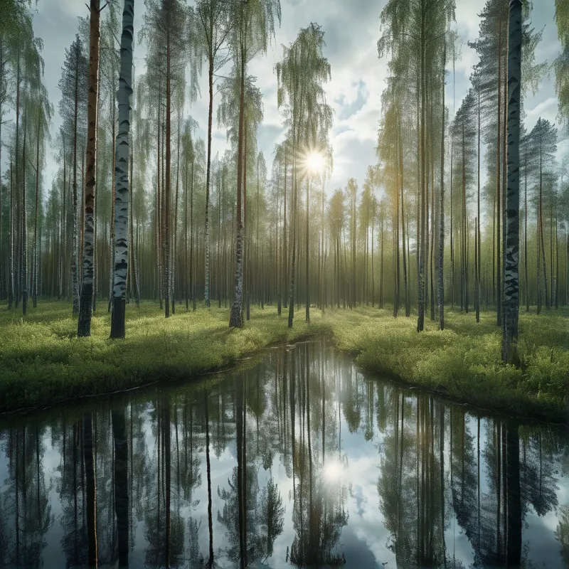 A narrow still stream runs through a dense birch stand with sun beaming through the canopy casting perfect reflections in the calm water.