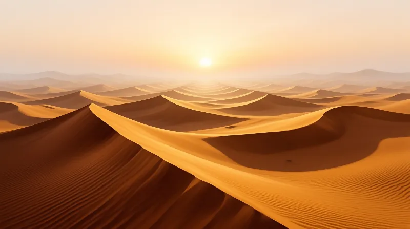 Rolling golden sand dunes stretch out across the vast empty desert, lit by the soft warm glow of a low hanging rising sun.