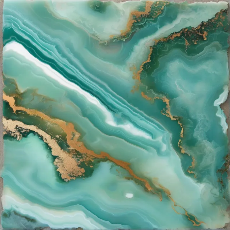 Blue and green marbled patterns flow across the surface punctuated by scattered lines of rust colored metal powder.