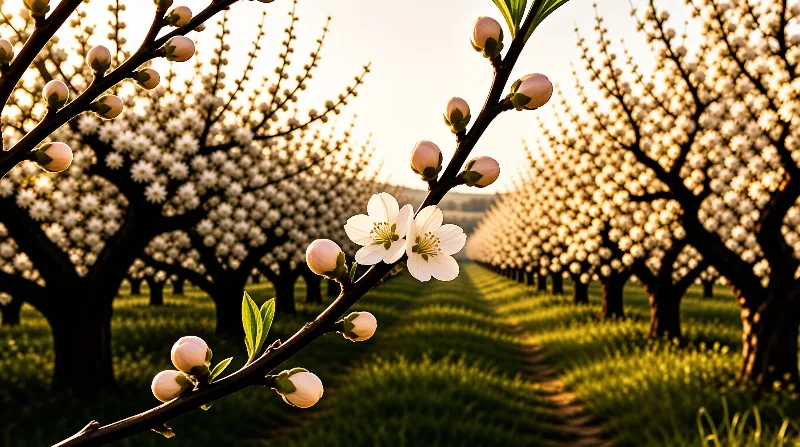 A close up view of white flowers on a tree branch overlooking rows of blooming trees in a sunlit field.