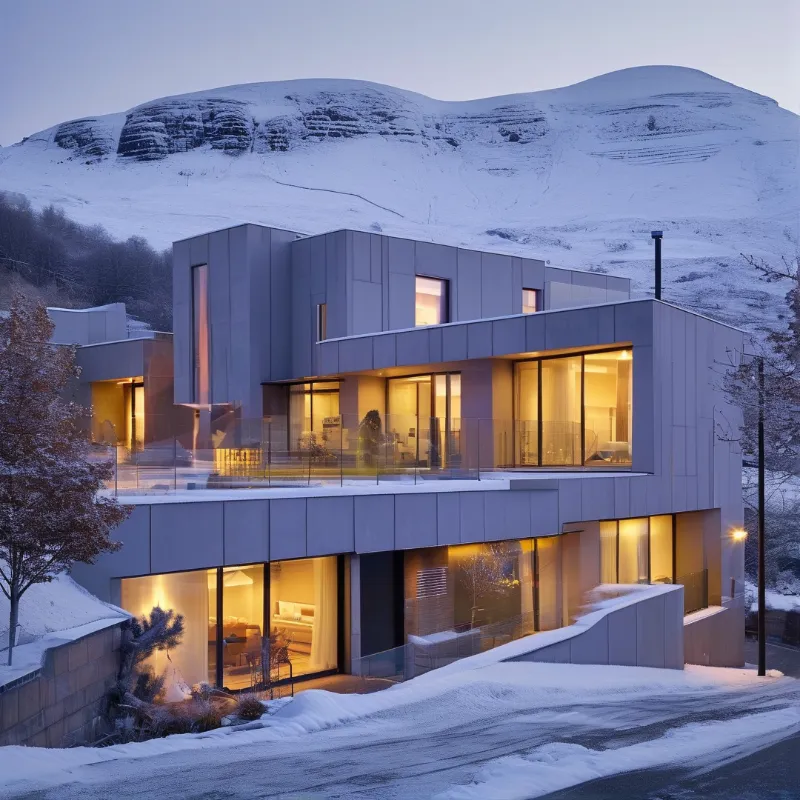A warm-lit modern home with glass walls sits on a snowy road beneath a towering snow mountain.
