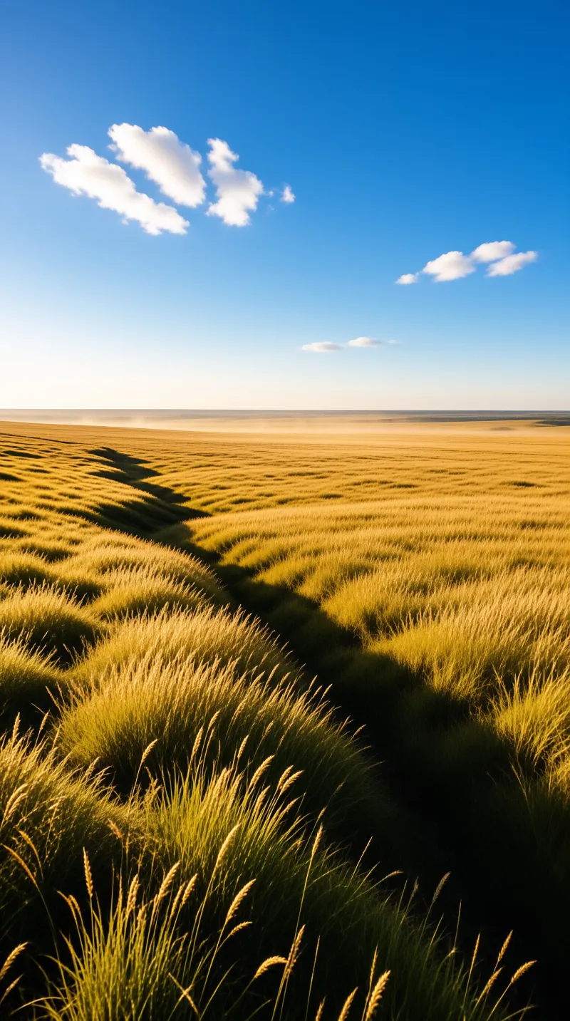 Golden waves of tall grass roll toward a flat horizon beneath a few small white clouds.