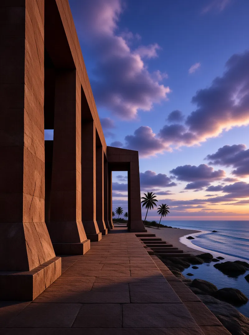 Massive rust colored stone piers march beside a sandy shore as sunset clouds glow above the calm evening sea.