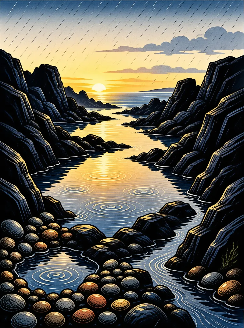 Stylised dark cliffs funnel a golden tide channel toward a low sun, scored with falling rain.