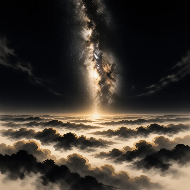 The Milky Way galaxy rises above a textured sea of clouds illuminated by a warm horizon glow.