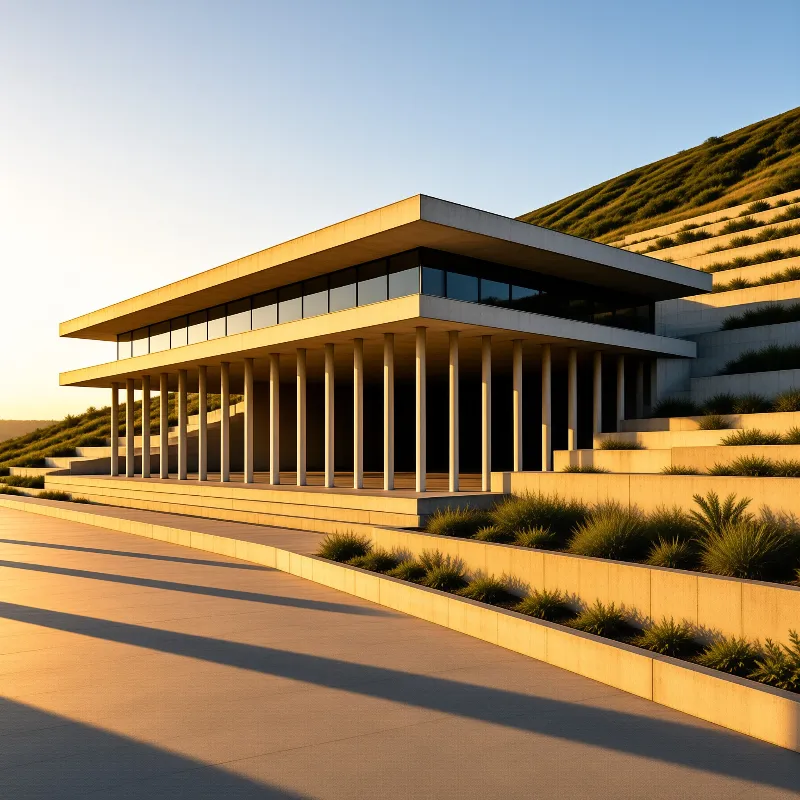 A low concrete building with slender columns and a glass band sits against terraced green slopes under warm evening light.