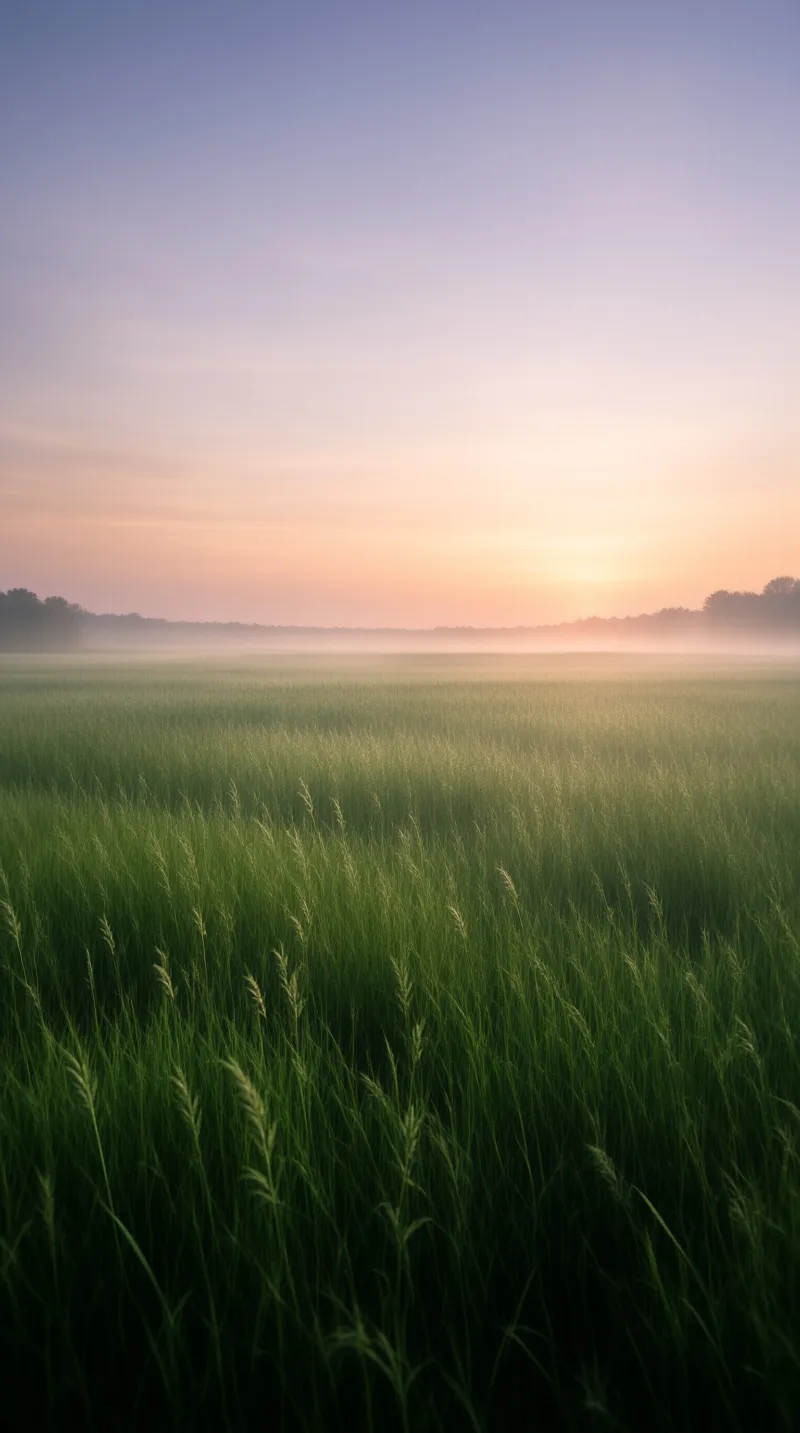 A vast expanse of green grass stretches toward a hazy horizon where the sun rises softly behind distant trees.