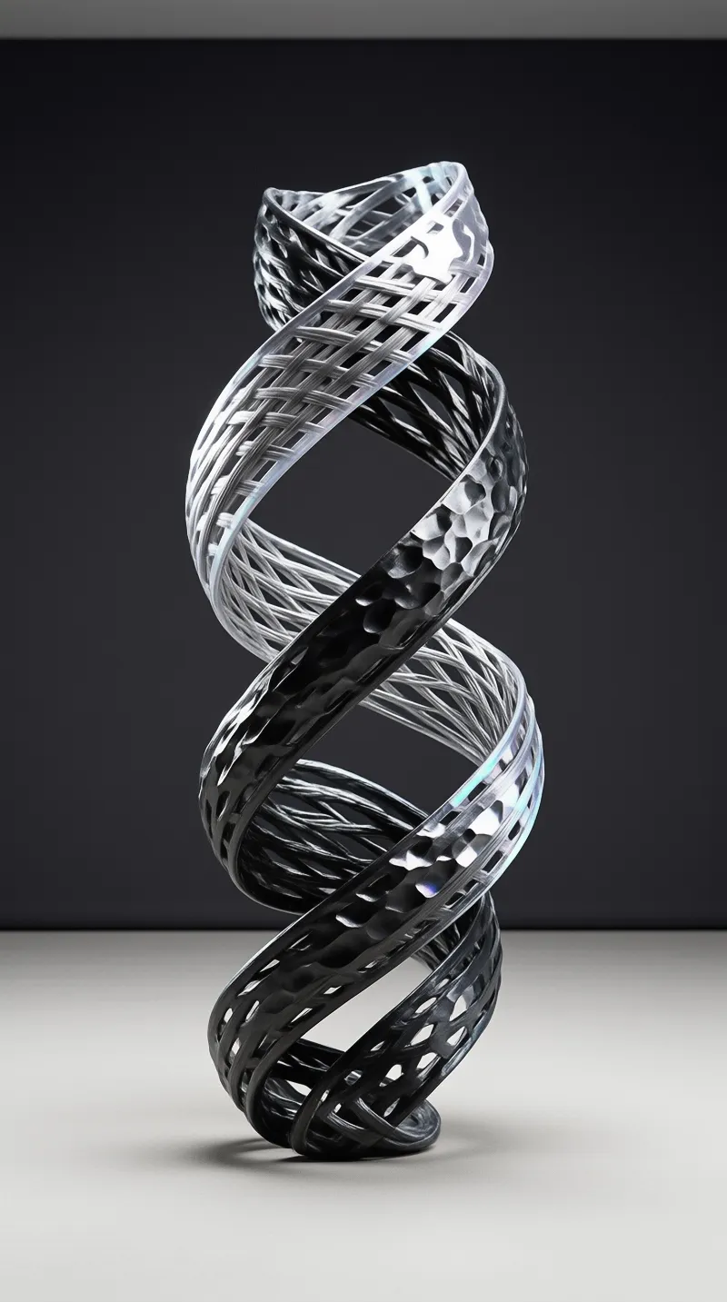 A twisted metal lattice sculpture stands against a dark background with soft lighting casting subtle shadows.