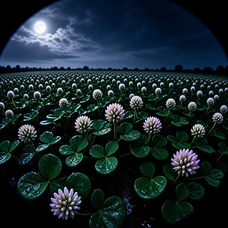 A vast field of white clover flowers with dew-covered leaves stretches beneath a dark blue sky and a bright full moon.