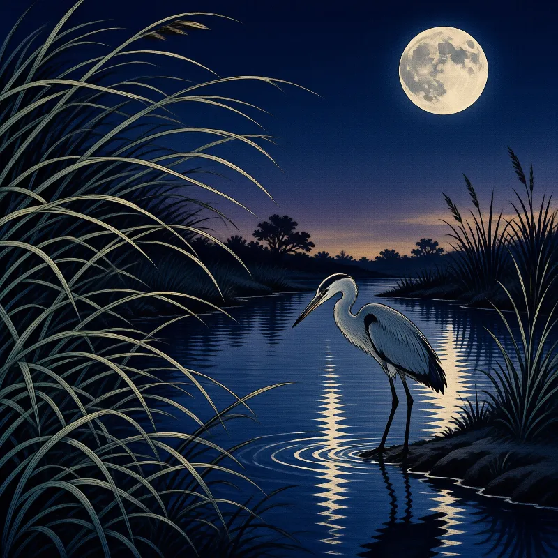 A white heron wades at the water's edge as a full moon trails silver ripples across the dark blue river.