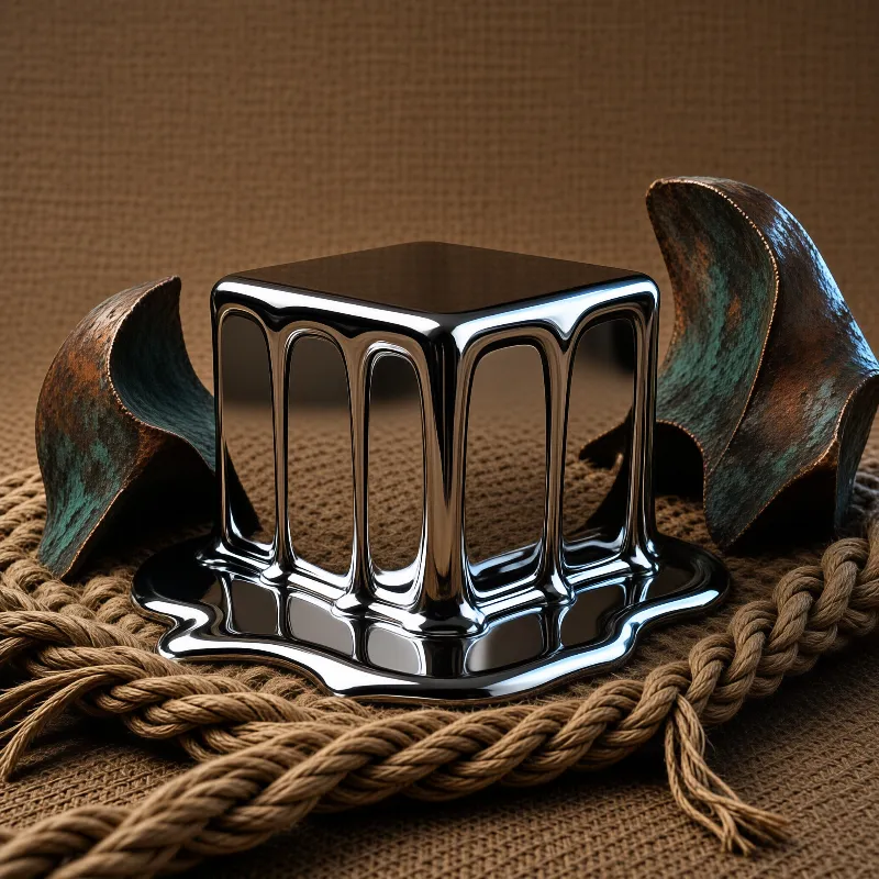 A highly reflective silver cube looks like liquid metal resting on rough burlap fabric next to twisted rope.