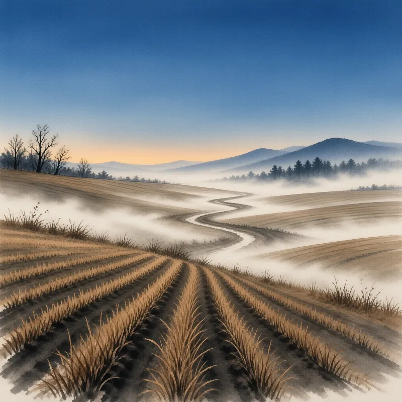 Dry crop lines curve along a winding river while low fog covers the ground beneath blue mountains and bare trees at dawn.