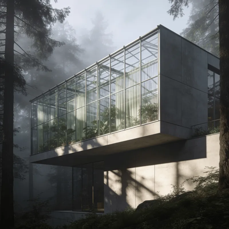 Greenhouse with Glass Curtain Wall — Misty Forest