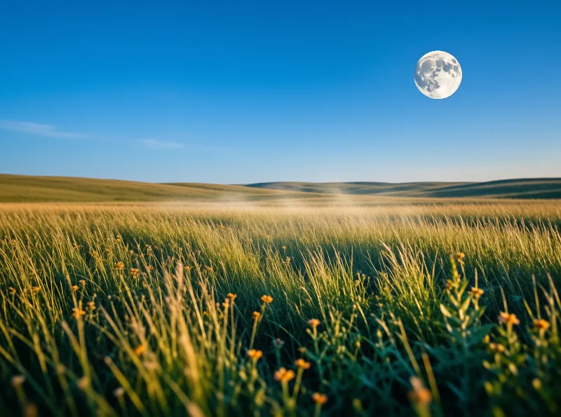 A bright full moon hangs above a sunlit meadow where tall grasses and yellow blossoms sway