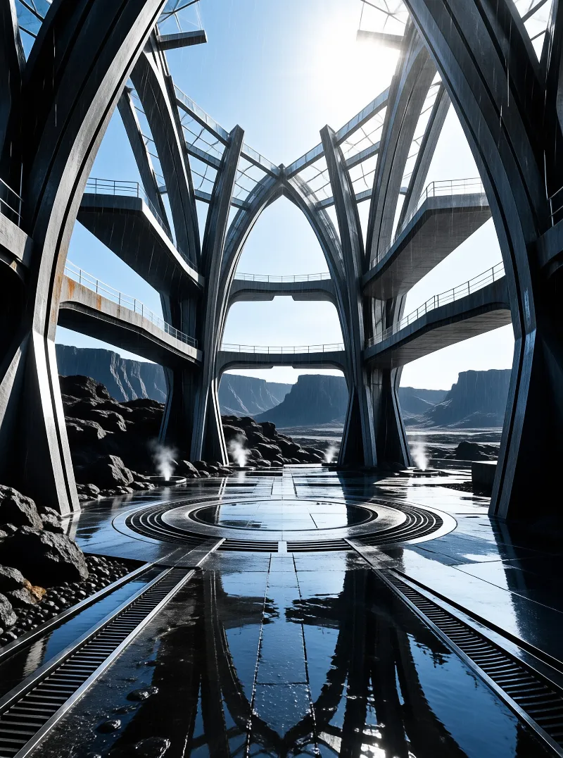 Massive curved concrete arches frame a sunlit canyon above reflective wet flooring with two railway lines and steam vents.
