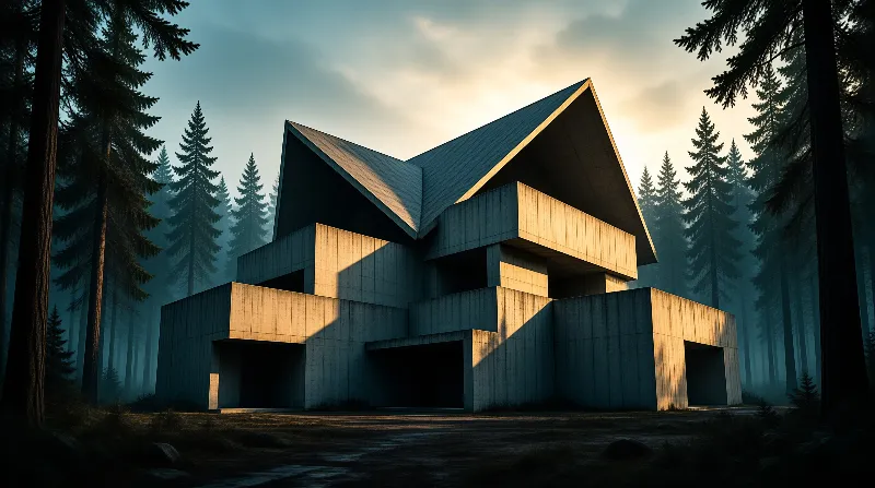 A geometric concrete building stands in a foggy pine forest, lit by warm low dawn sun casting dark sharp shadows.
