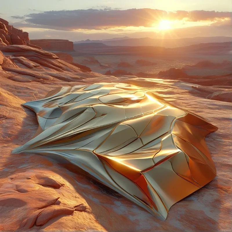 A crumpled metallic sheet rests on red sandstone formations beneath a bright setting sun in a vast arid landscape.
