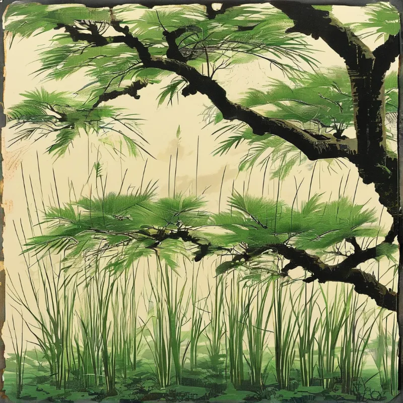 Dark pine branches arch over a dense stand of tall green reeds against a pale beige background.