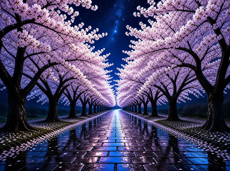 Cherry Blossom Path at Night