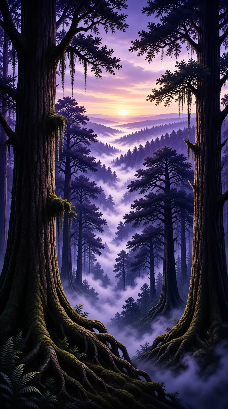 Tall redwood trunks frame a misty valley where the sun rises over rolling hills bathed in purple and orange light.