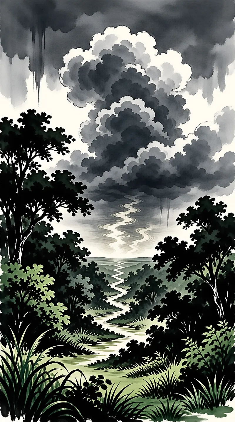 A dark green forest frames a meandering river that rises into a towering mass of layered gray clouds over distant hills.