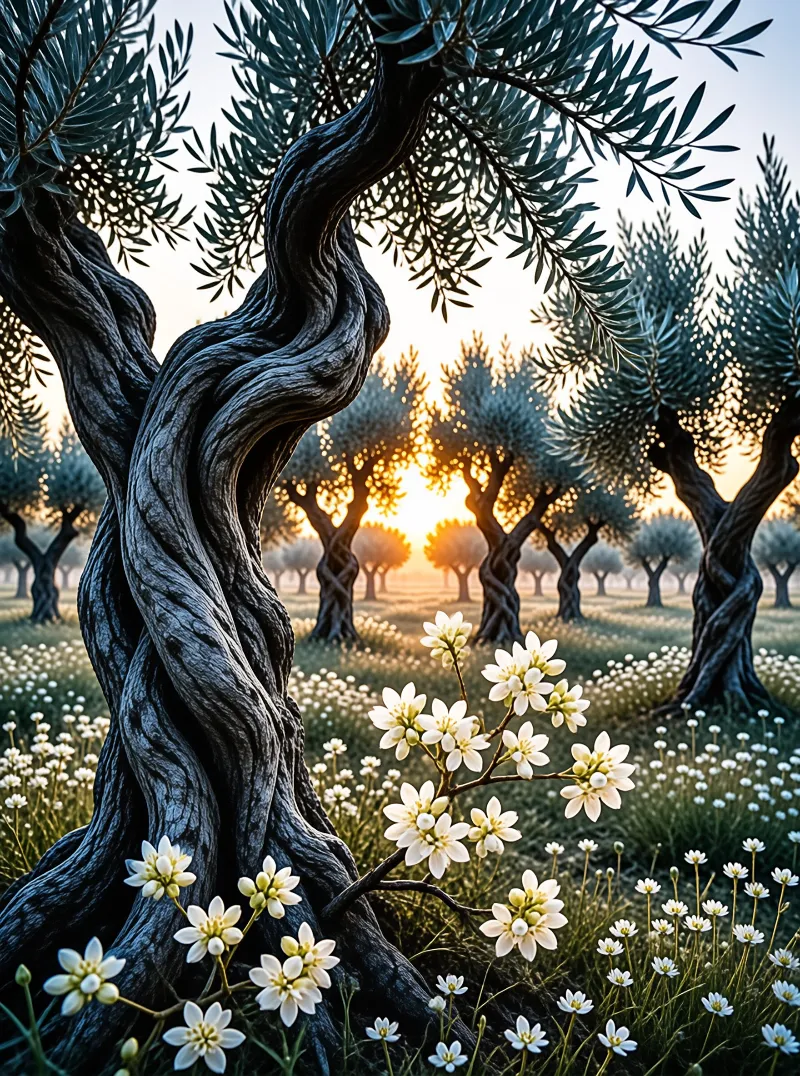 Dark twisted olive trunks frame a field of white blossoms under the glow of a setting sun.