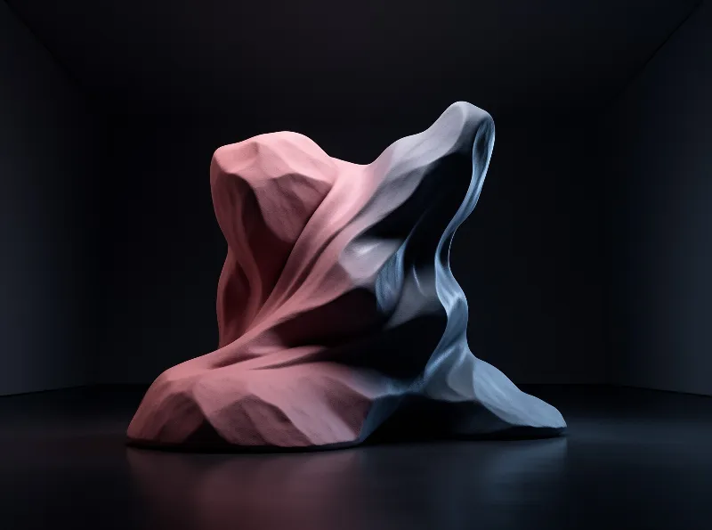 A folded cloth-like form rises from a dark floor, half lit in dusty pink and half in cool blue-grey.